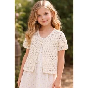 Vintage Cornelloki Crochet Cardigan Sweater Ivory Floral Knit Short Sleeve Sze 8